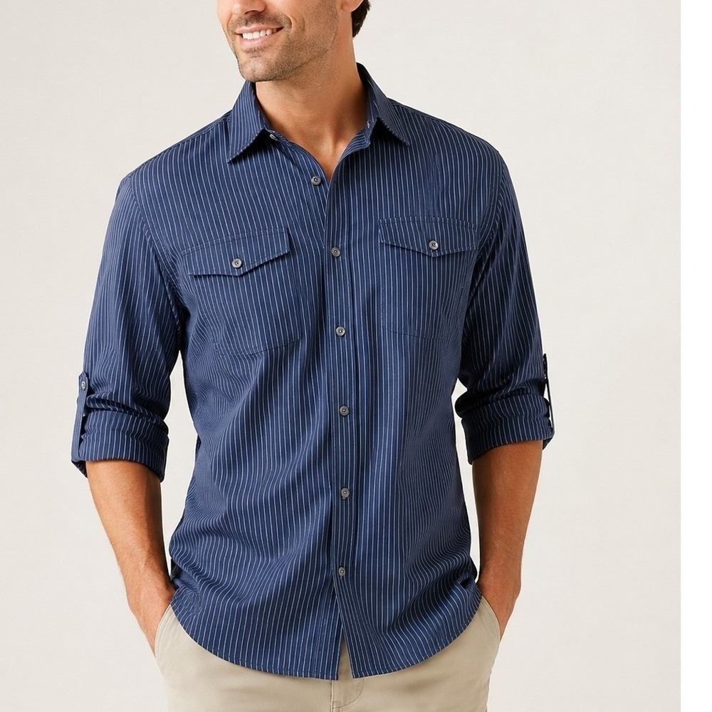 Banana Republic Mens XL Slim Fit Pinstripe Roll Tab Button Down Shirt Navy Blue
